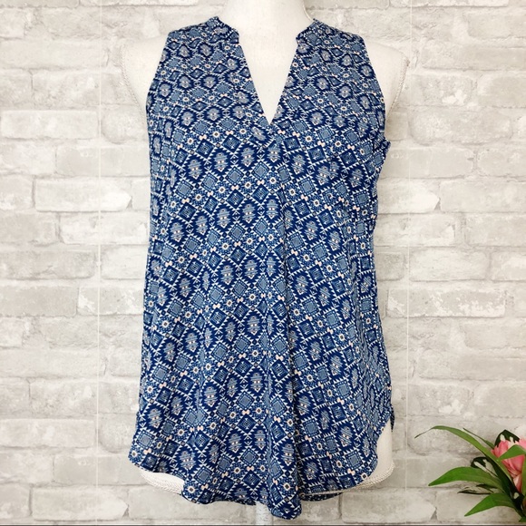 Lush Tops - LUSH Boho Blue Mod Print Sleeveless V-Neck Tunic Tank-Top Blouse Size Small